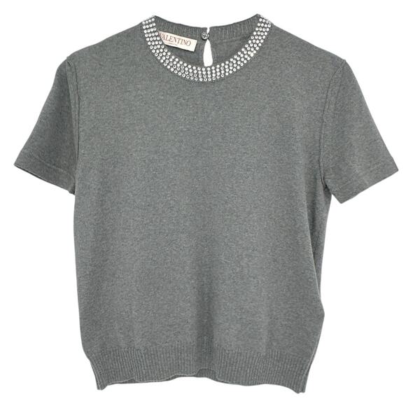 VALENTINO Rhinestone Embellished Short Sleeve Crop Knit Sweater In Grey L - Picture 3 of 15